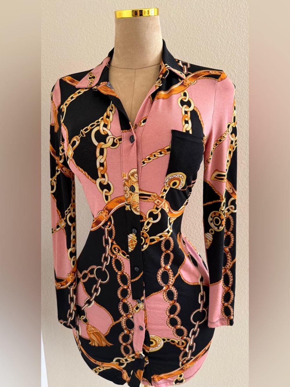 Chain-Print Button-Up Blouse in Pink and Black